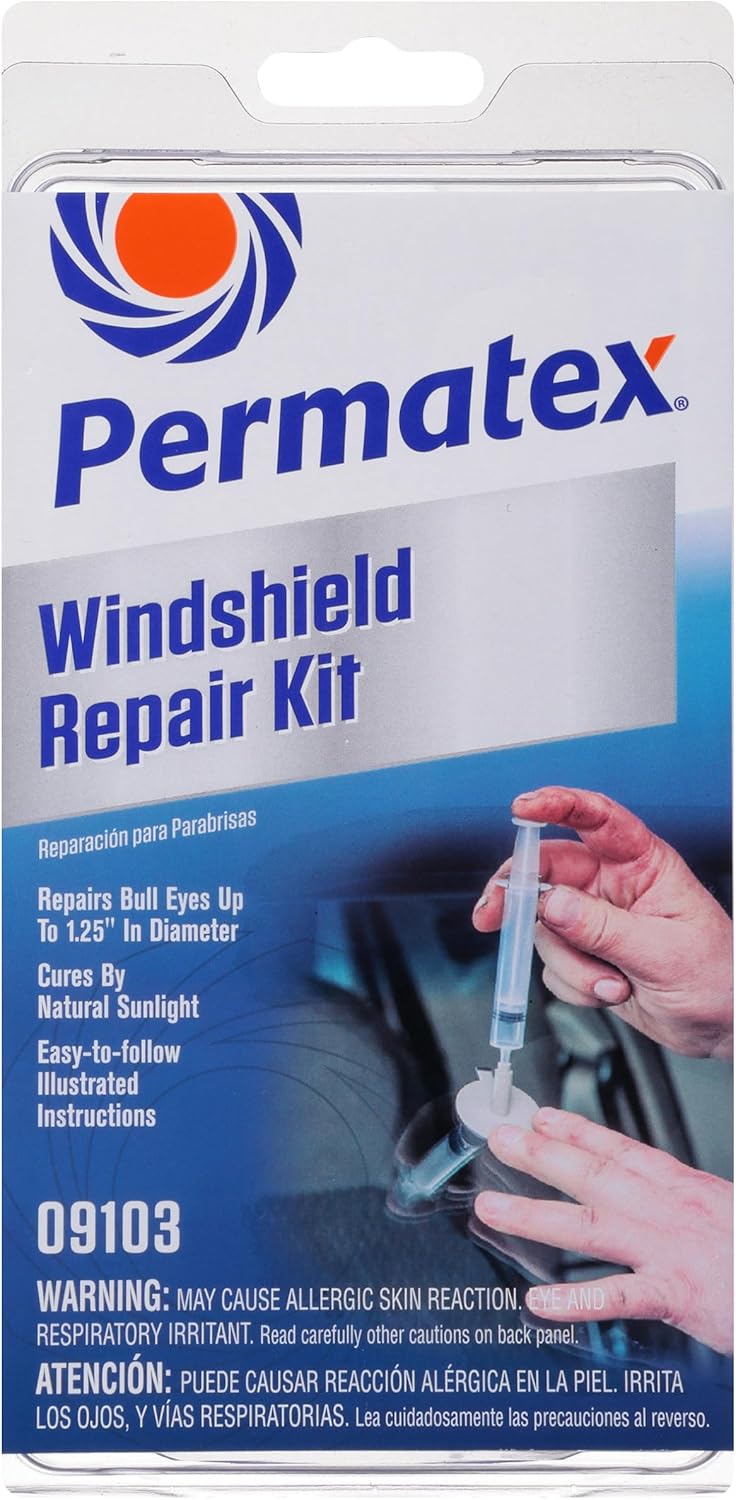 Permatex 09103 Automotive Windshield Repair Kit For Chipped And Cracked Windshields. Permanent Air-Tight Repairs, With Repair Syringe & Plunger, 9-piece Kit
